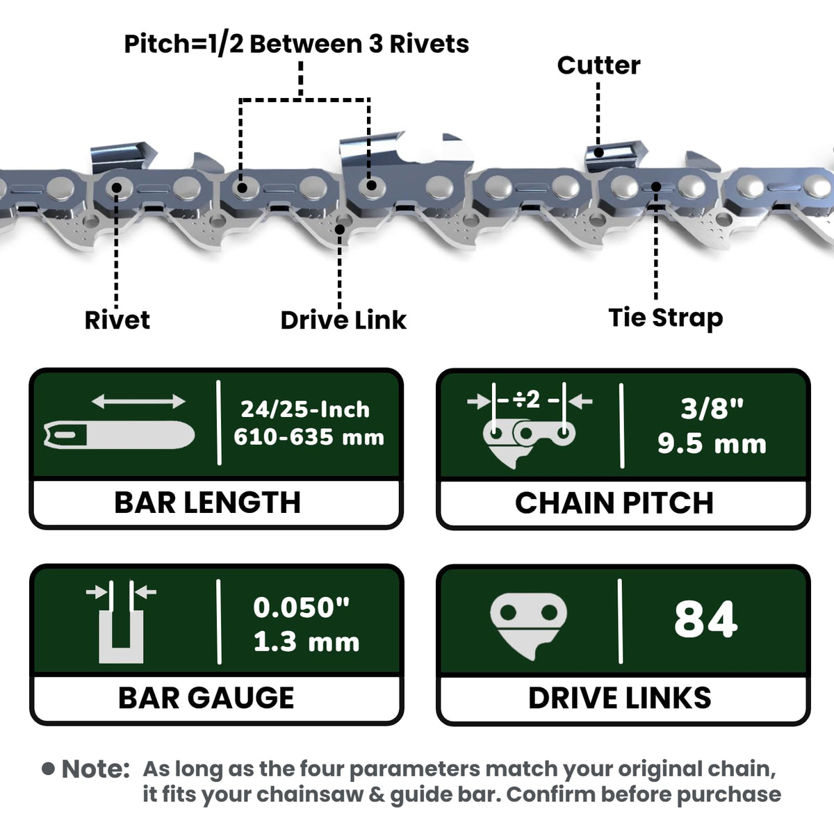 24 Inch Chainsaw Chain 3/8 Pitch .050" Gauge 84 Drive Links Full Chisel C42025