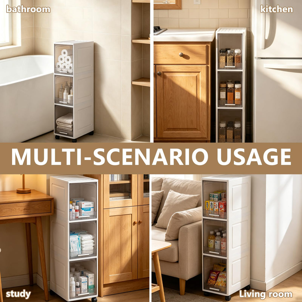Narrow 3 Tier Bathroom Storage Cabinet with Wheels G8581