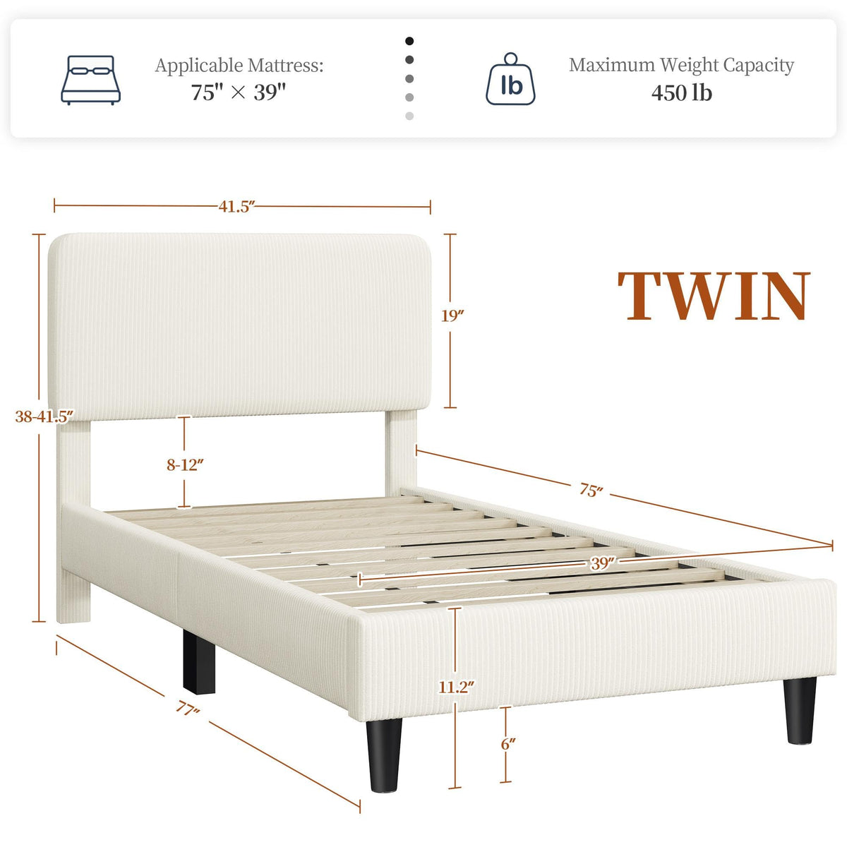 Twin Bed Frame with Adjustable Chenille Upholstered Headboard, Beige G383
