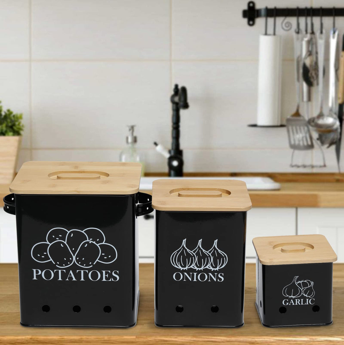 Black 3 Pack Kitchen Canisters Set with Wooden Lid H750