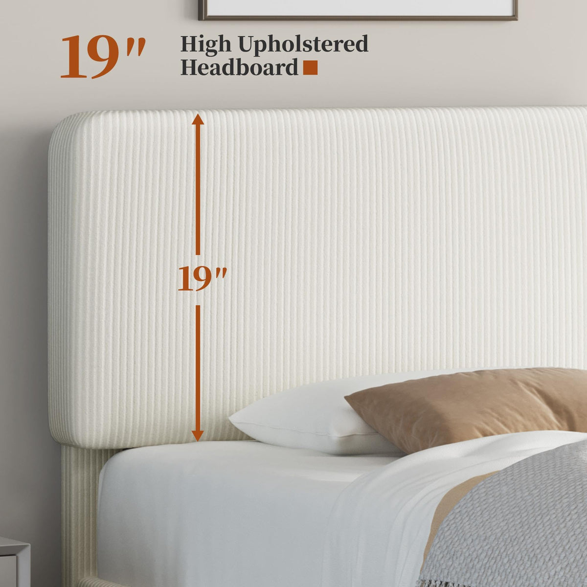 Twin Bed Frame with Adjustable Chenille Upholstered Headboard, Beige G383