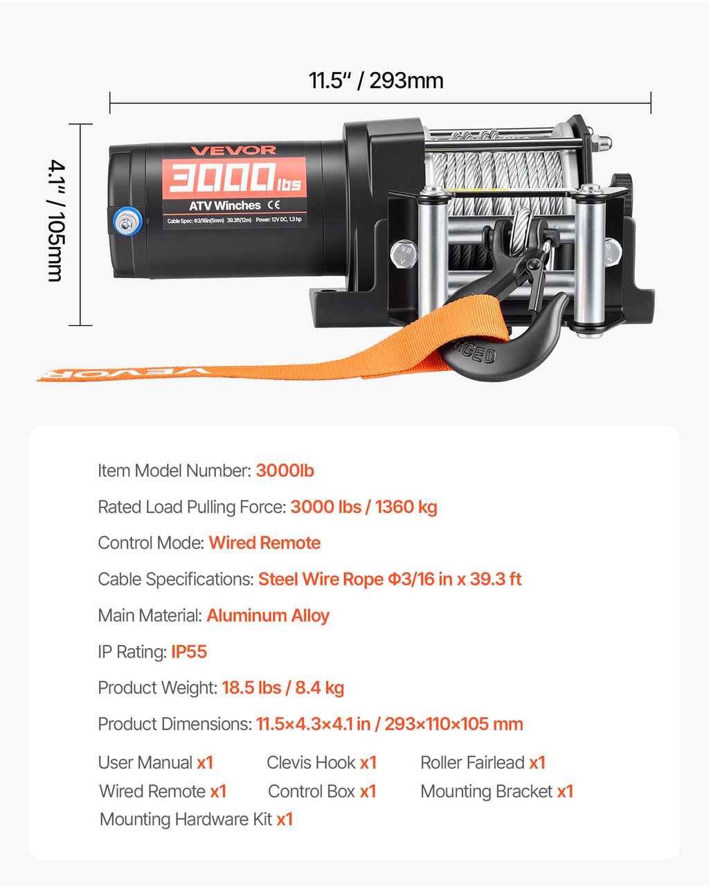 12V DC Electric Winch with Steel Wire Rope and Wired Remote Control Q800