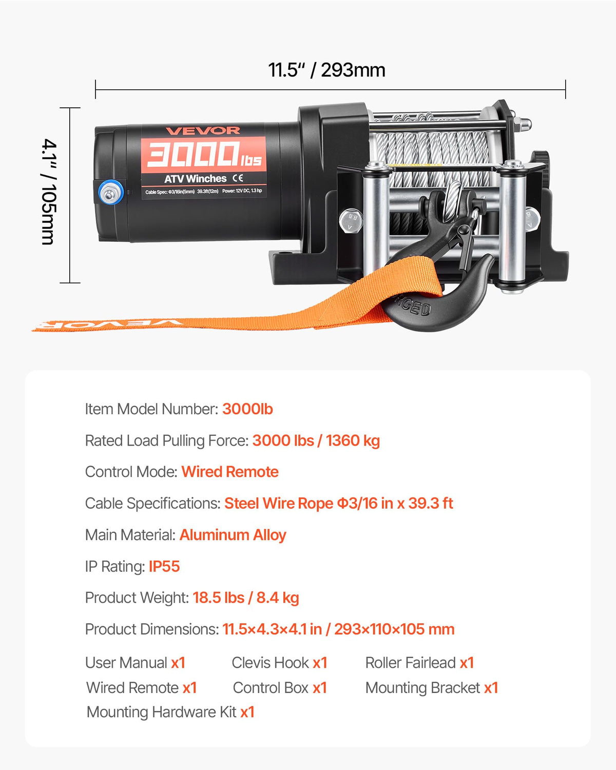12V DC Electric Winch with Steel Wire Rope and Wired Remote Control Q800