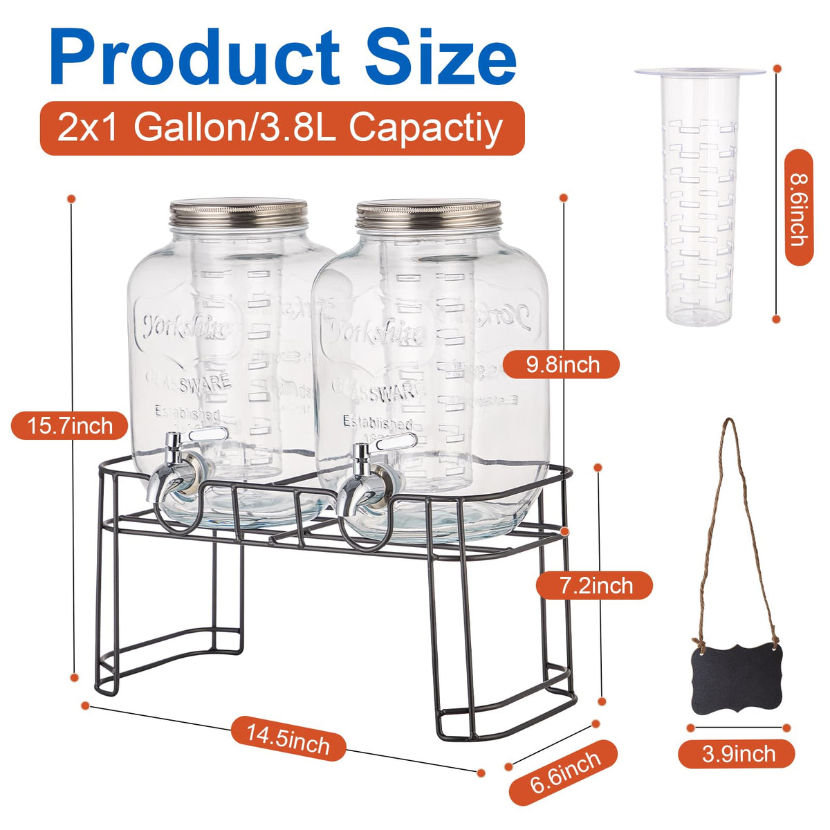1 Gallon Glass Drink Dispenser with Stand, 2 Pack W33131