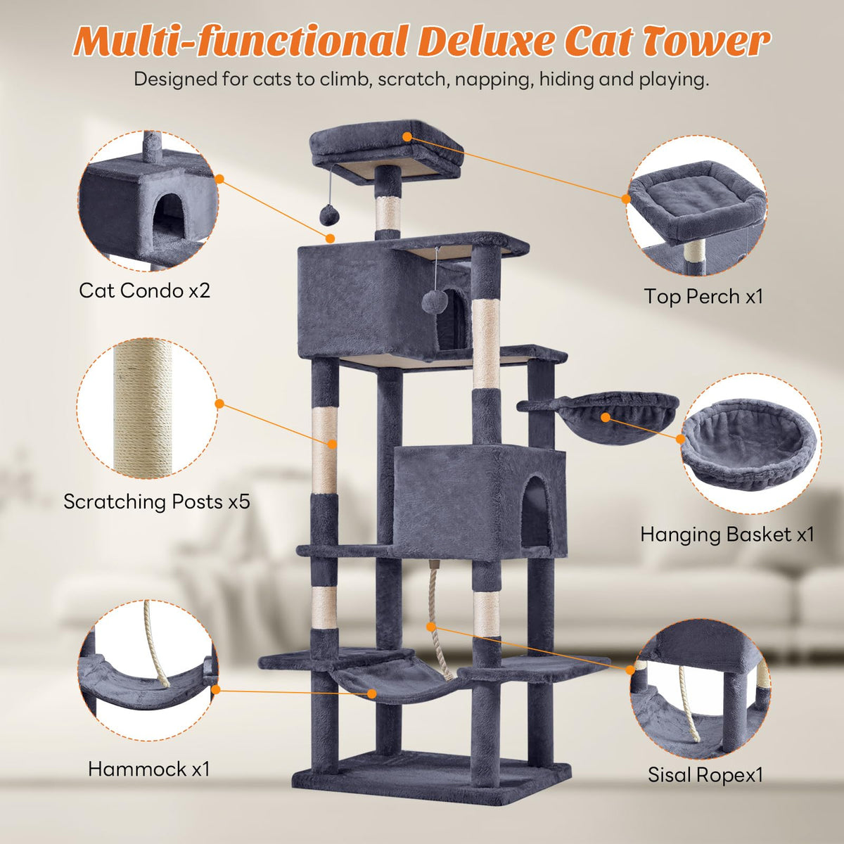 66 Inch Cat Tree Tower with Scratching Posts G61706