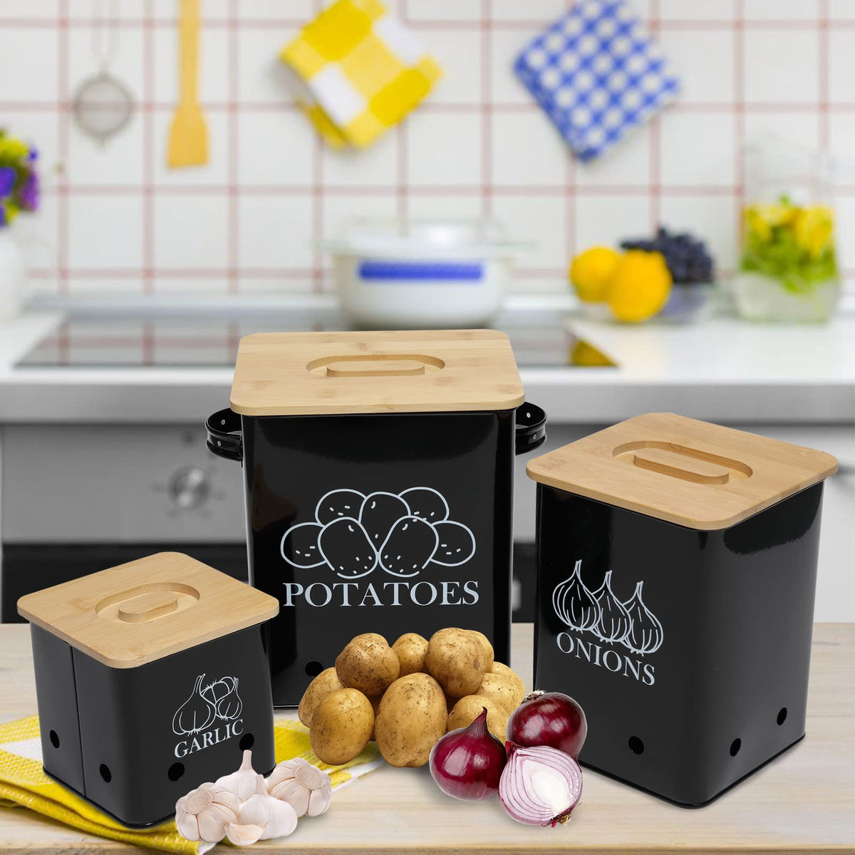 Black 3 Pack Kitchen Canisters Set with Wooden Lid H750
