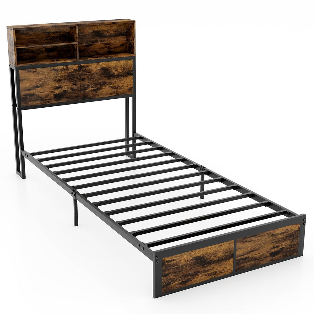 Twin Metal Platform Bed Frame with Storage Headboard Z5089