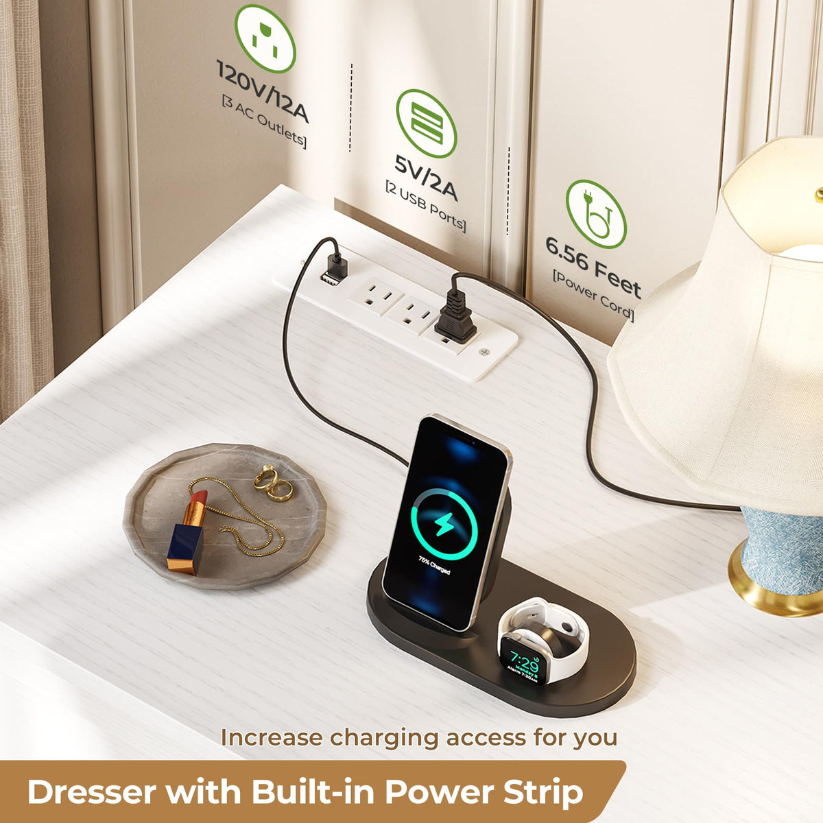 White 9 Drawer Wood Dresser with Charging Station I6550