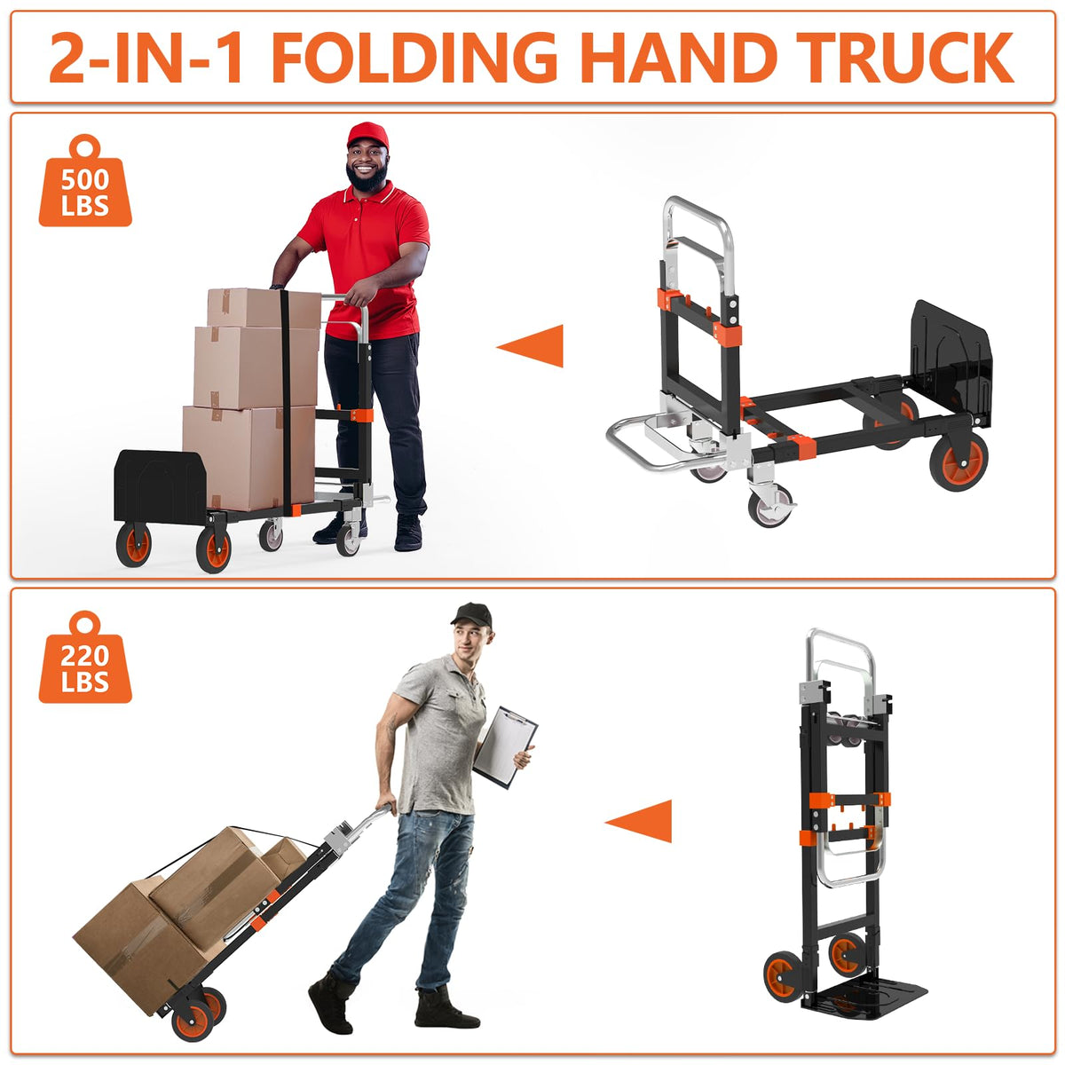 3-in-1 Folding Hand Truck, 500 lb Heavy Duty Steel Dolly N569753
