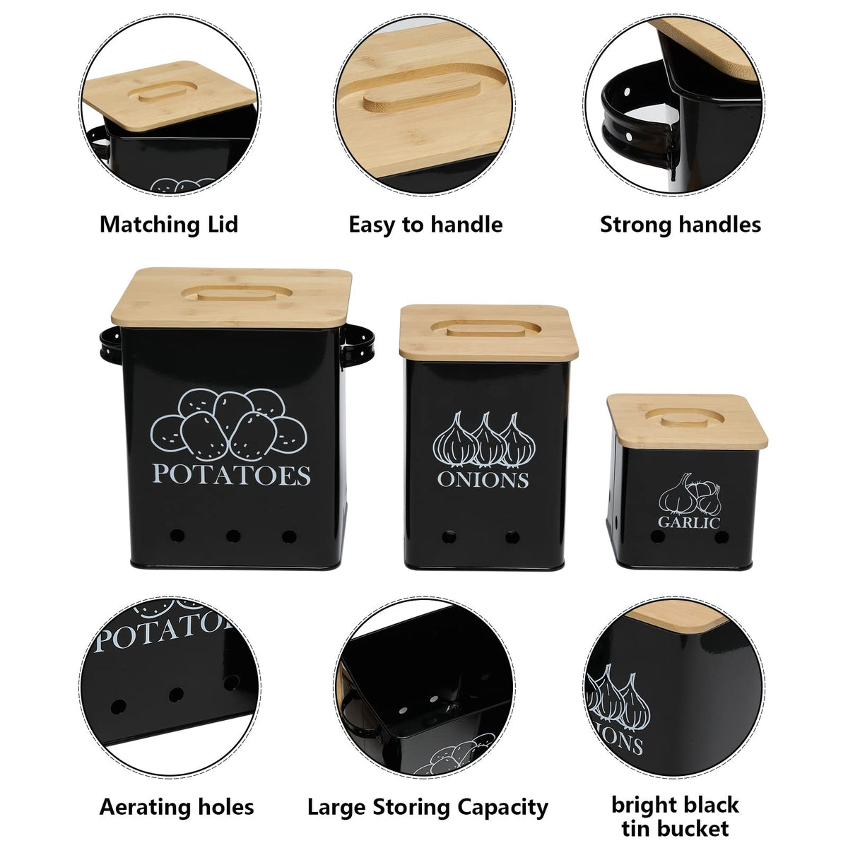 Black 3 Pack Kitchen Canisters Set with Wooden Lid H750