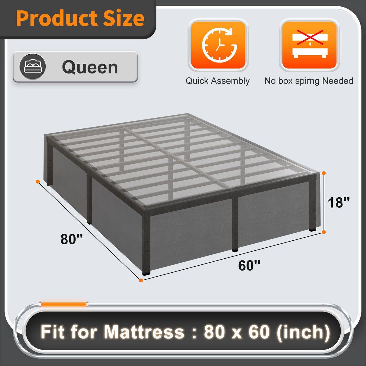 18 Inch Queen Size Metal Bed Frame T150