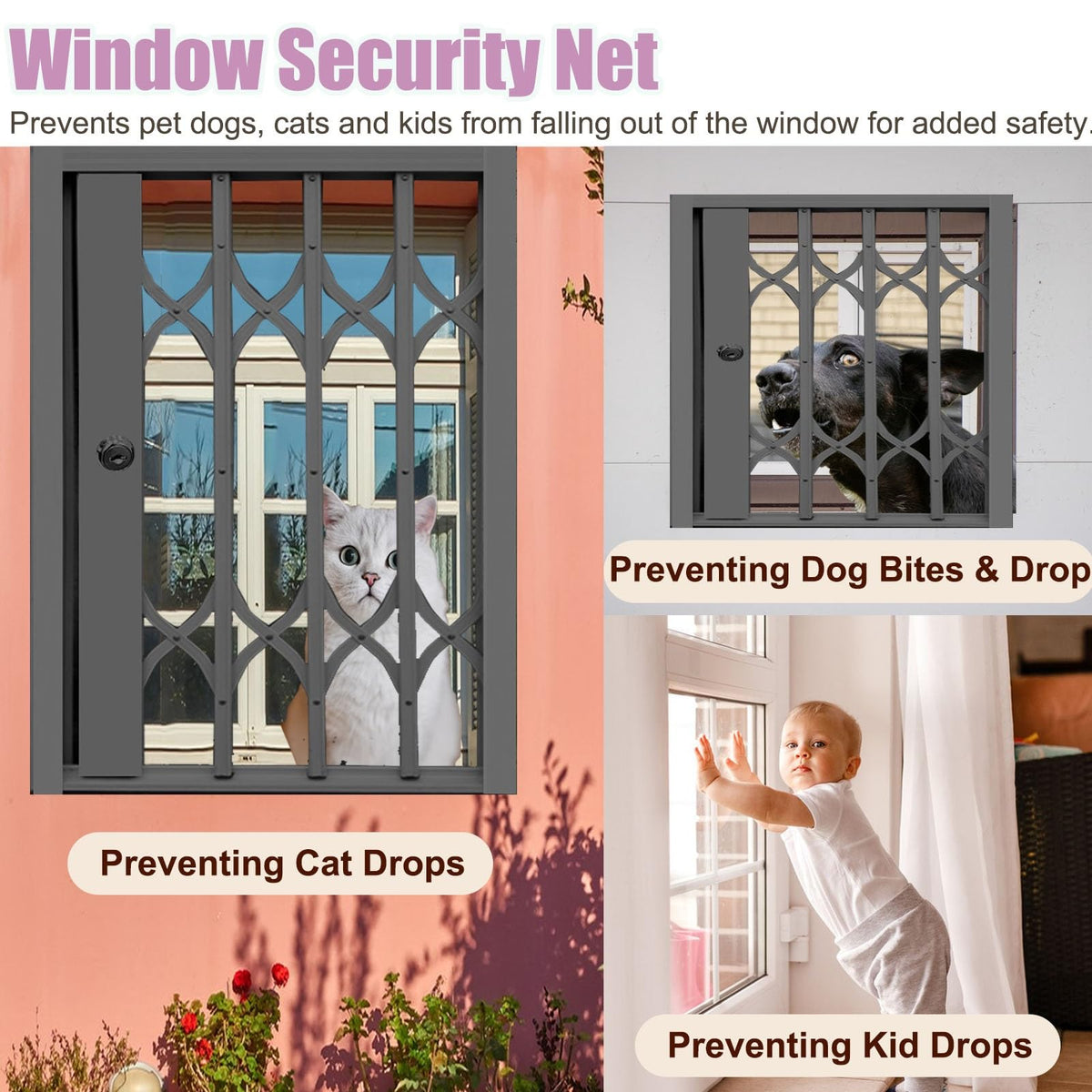 Lockable Folding Aluminum Window Safety Guards, Adjustable Width 24-36 Inch, Black V5122