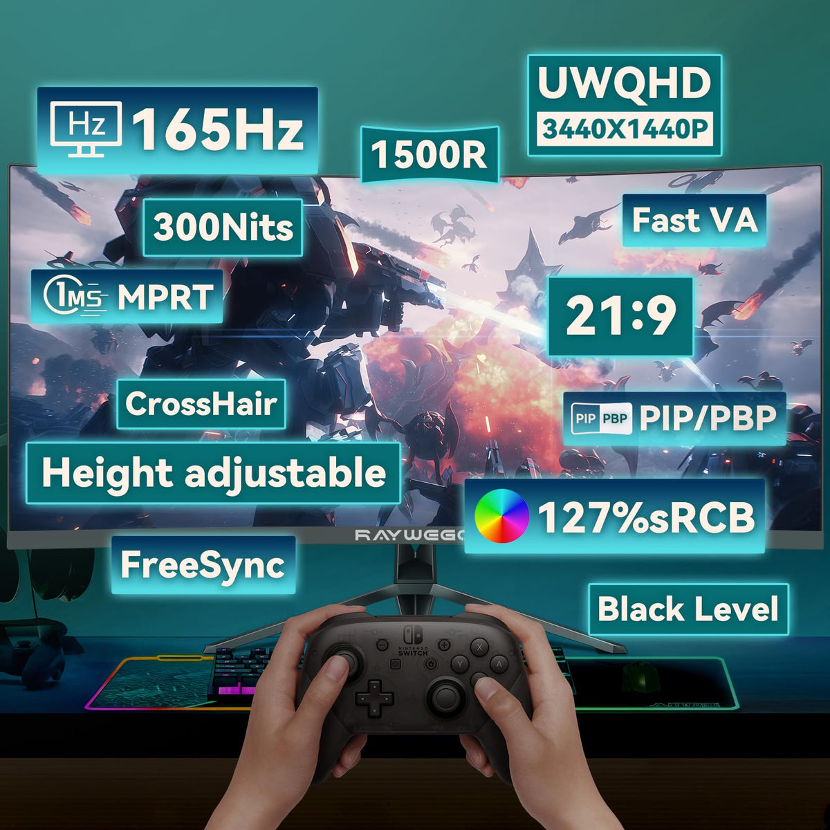 34 Inch Curved Ultrawide Gaming Monitor, UWQHD 165Hz, 1500R N4712