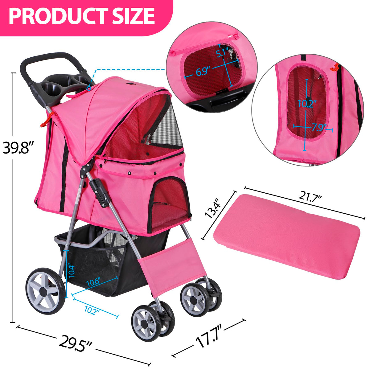 4 Wheels Folding Dog Stroller with Storage Basket, Pink O2115