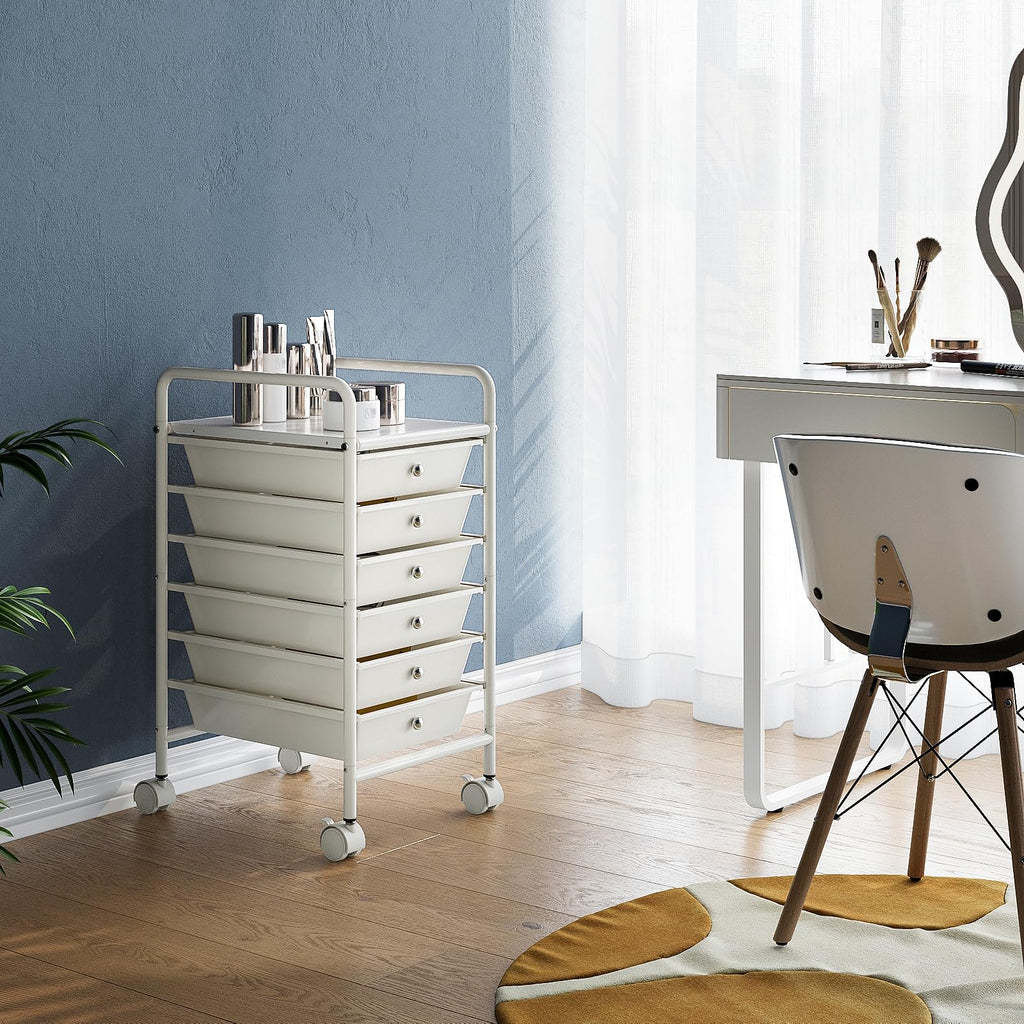 White 6-Tier Rolling Storage Cart with Drawers B17534