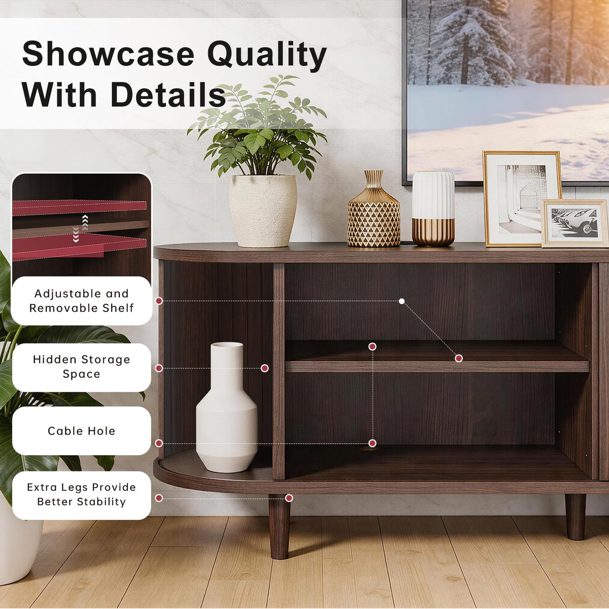 70" Walnut TV Stand with Sliding Doors and Adjustable Shelves I80825