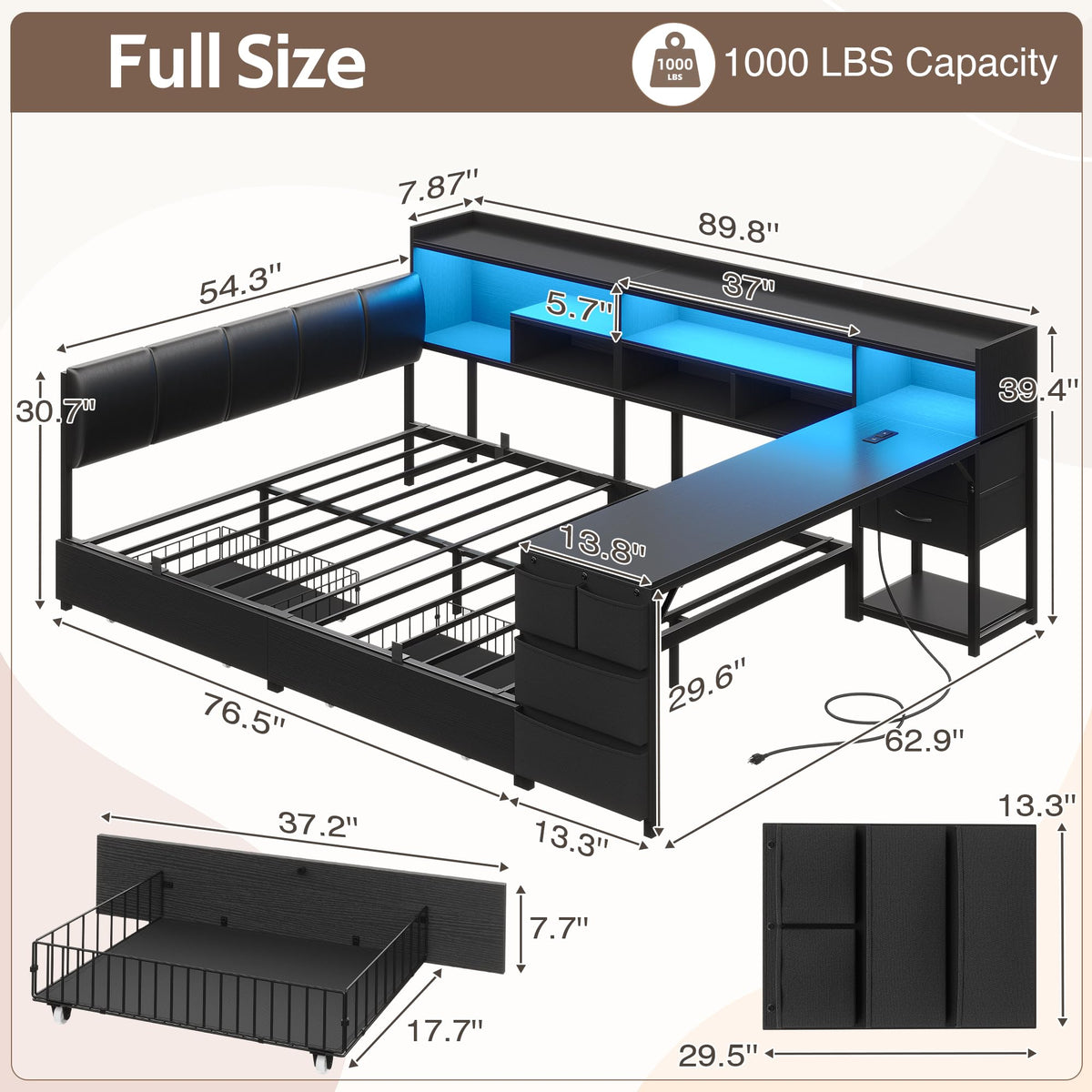 Black Corner Bed Frame Full with Storage and Desk N7111