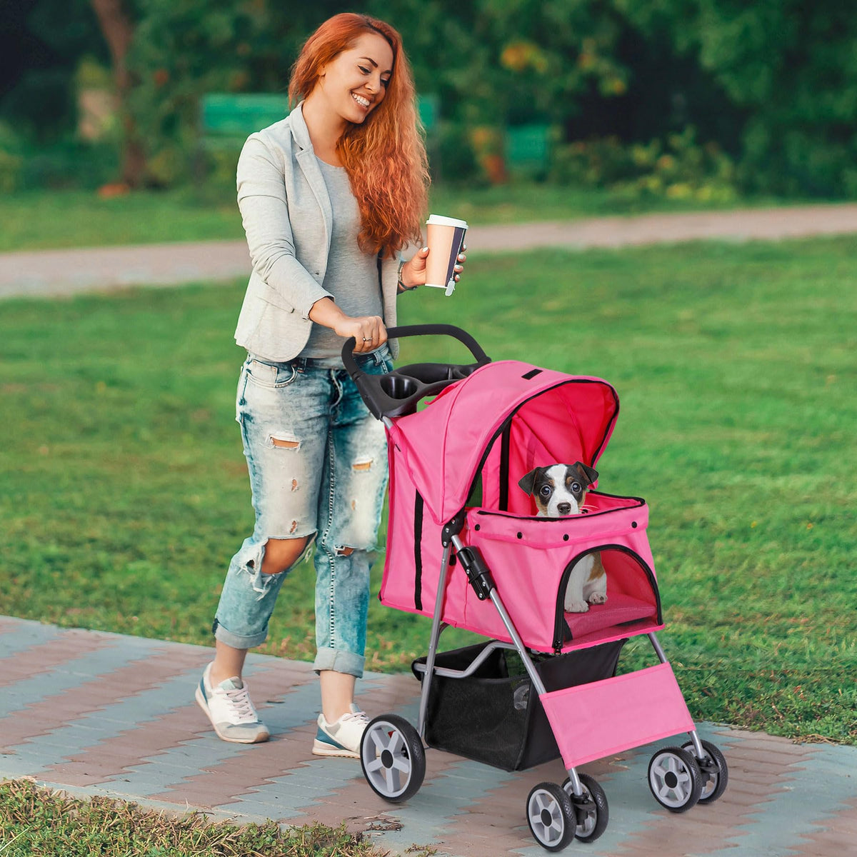 4 Wheels Folding Dog Stroller with Storage Basket, Pink O2115