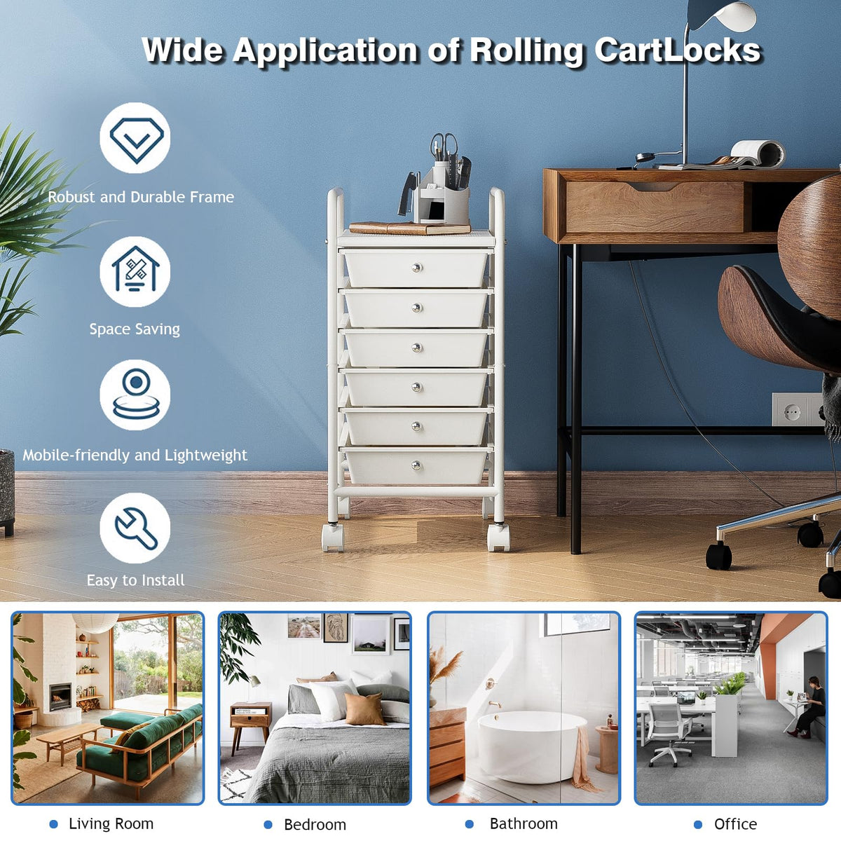 White 6-Tier Rolling Storage Cart with Drawers B17534