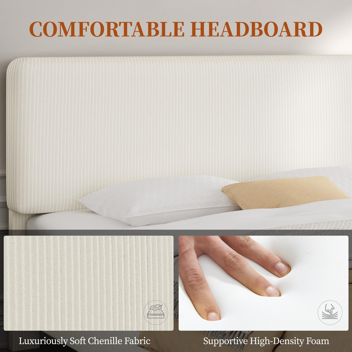Twin Bed Frame with Adjustable Chenille Upholstered Headboard, Beige G383