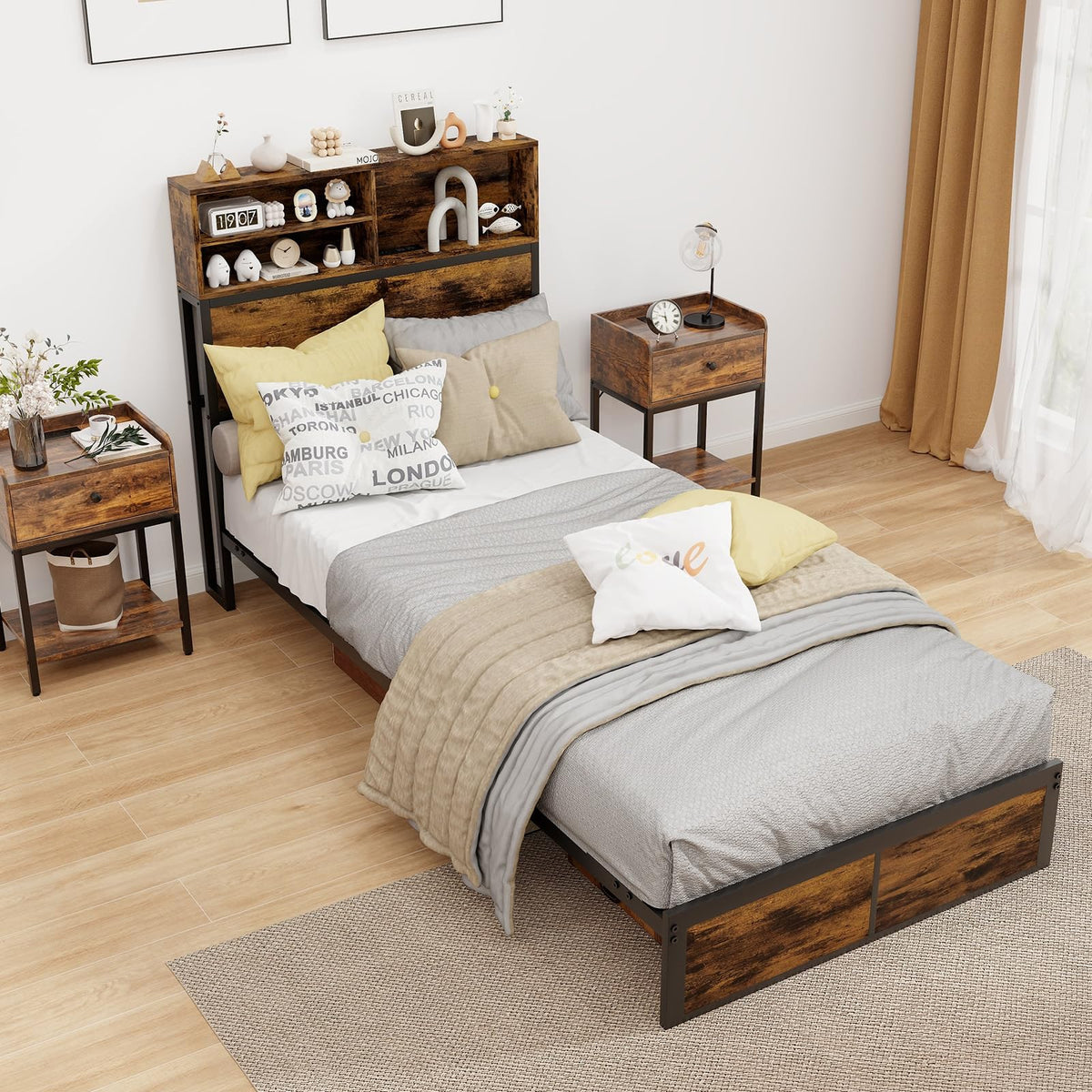 Twin Metal Platform Bed Frame with Storage Headboard Z5089