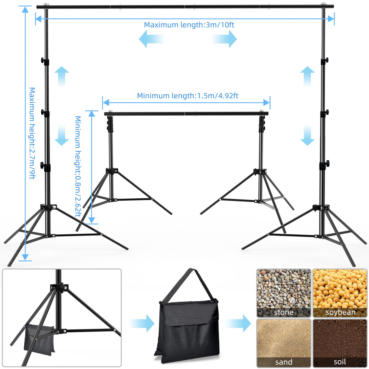 Adjustable Photo Backdrop Stand 9ft x 10ft with Carry Bag Q107