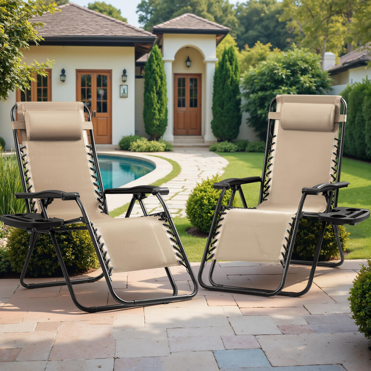 Set of 2 Beige Adjustable Steel Mesh Lounge Chairs with Cup Holder N629