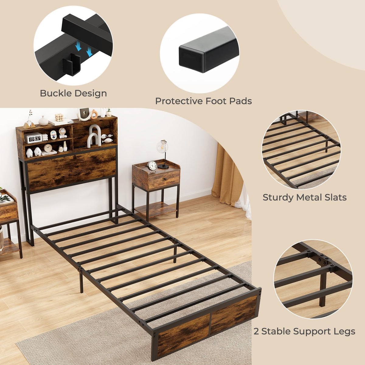 Twin Metal Platform Bed Frame with Storage Headboard Z5089