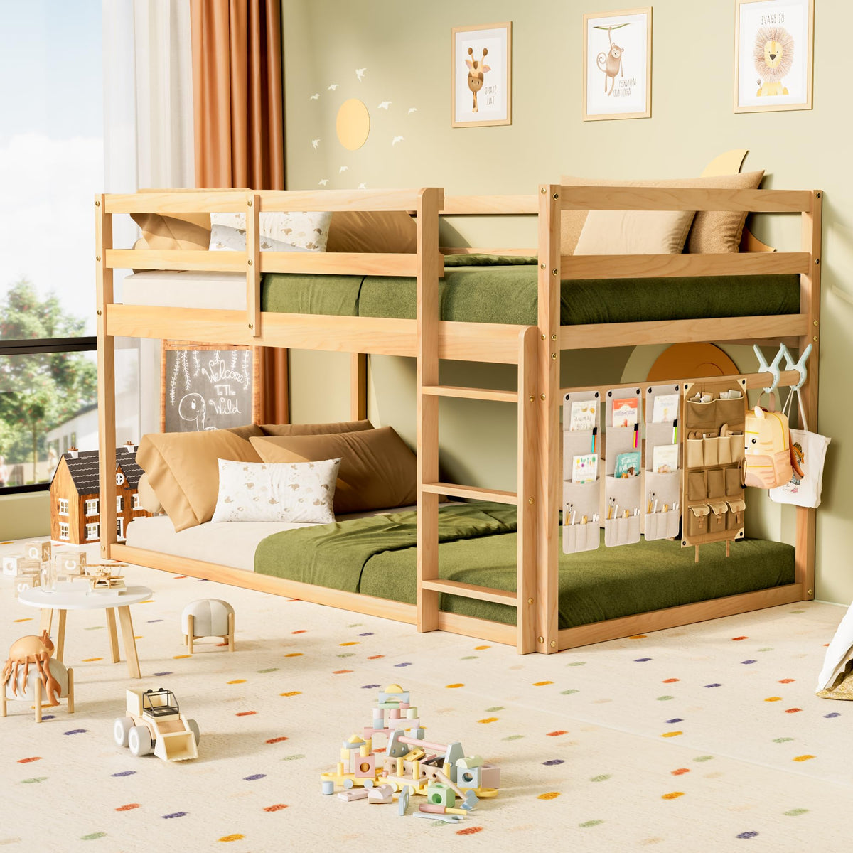 Twin Over Twin Low Bunk Bed with Ladder and Guardrails S55916