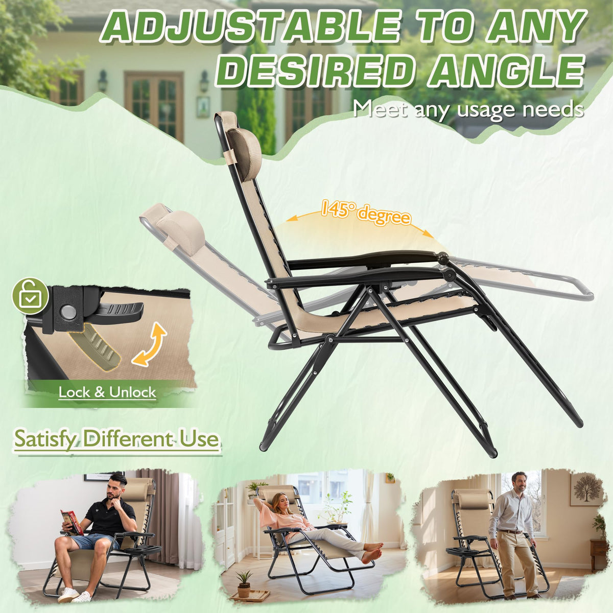 Set of 2 Beige Adjustable Steel Mesh Lounge Chairs with Cup Holder N629