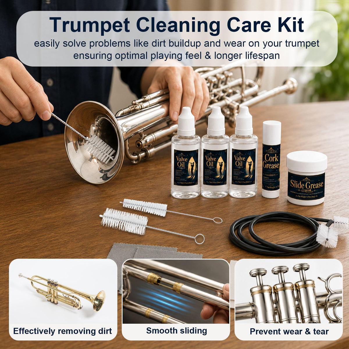 12 Pc Trumpet Cleaning Care Kit with Valve Oil, Grease, Brush H484