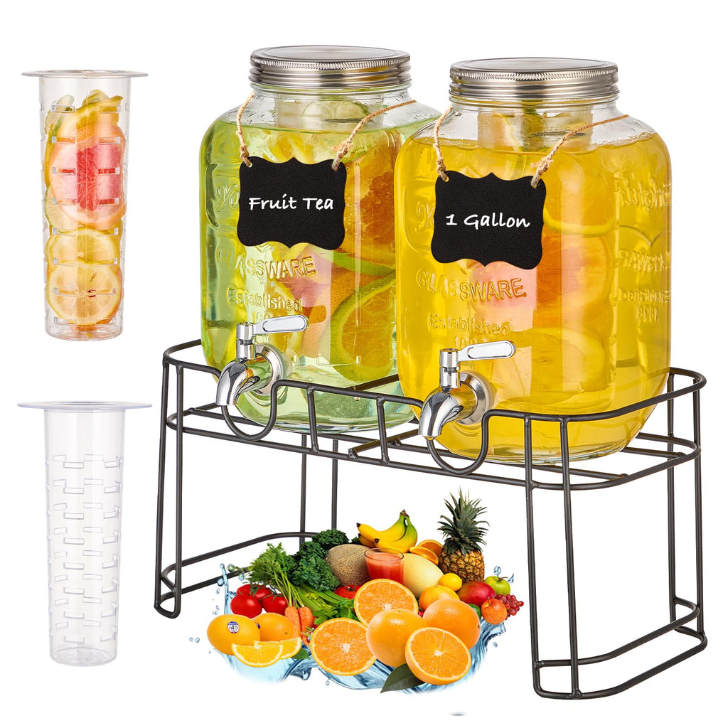 1 Gallon Glass Drink Dispenser with Stand, 2 Pack W33131