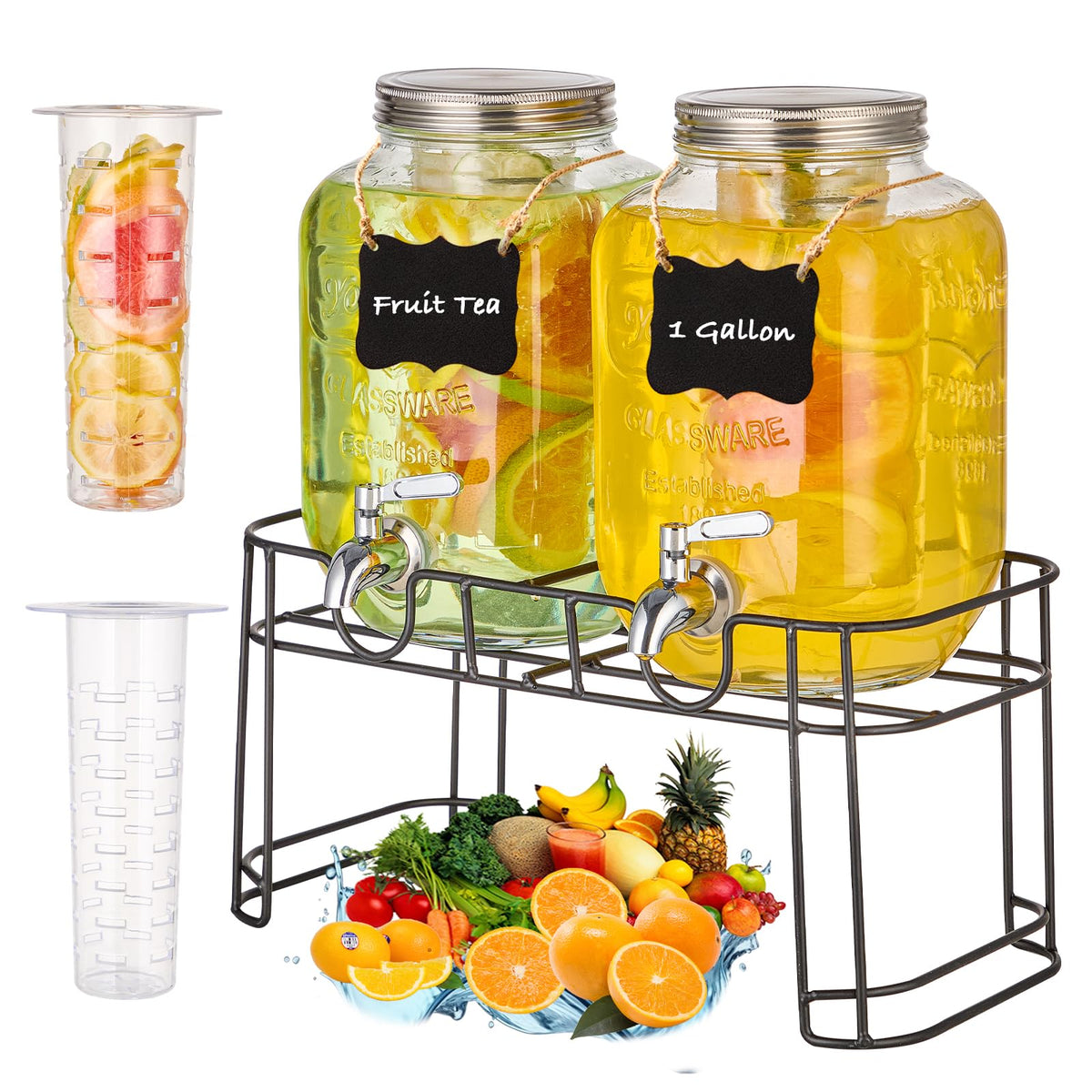 1 Gallon Glass Drink Dispenser with Stand, 2 Pack W33131