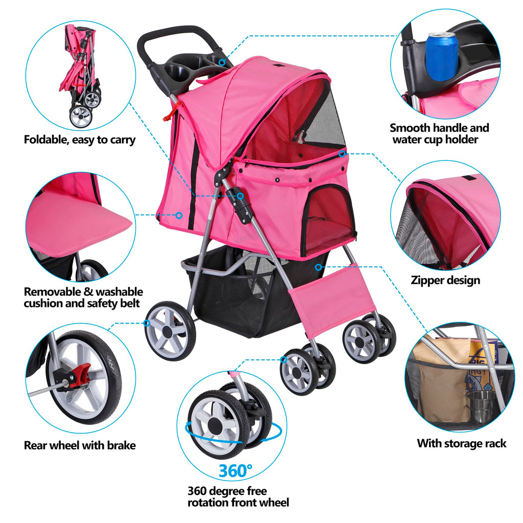 4 Wheels Folding Dog Stroller with Storage Basket, Pink O2115