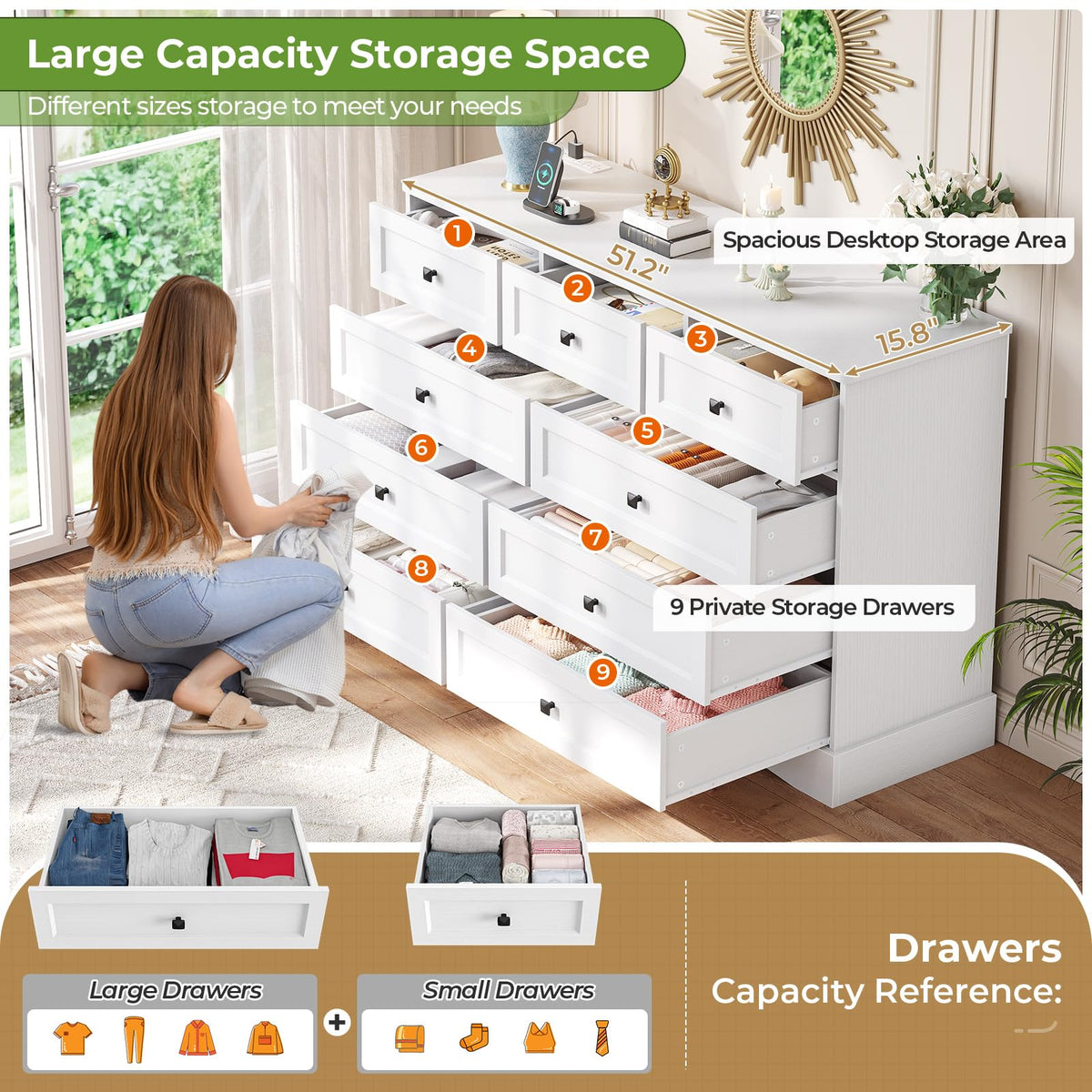 White 9 Drawer Wood Dresser with Charging Station I6550