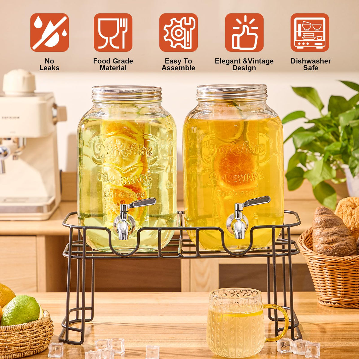 1 Gallon Glass Drink Dispenser with Stand, 2 Pack W33131