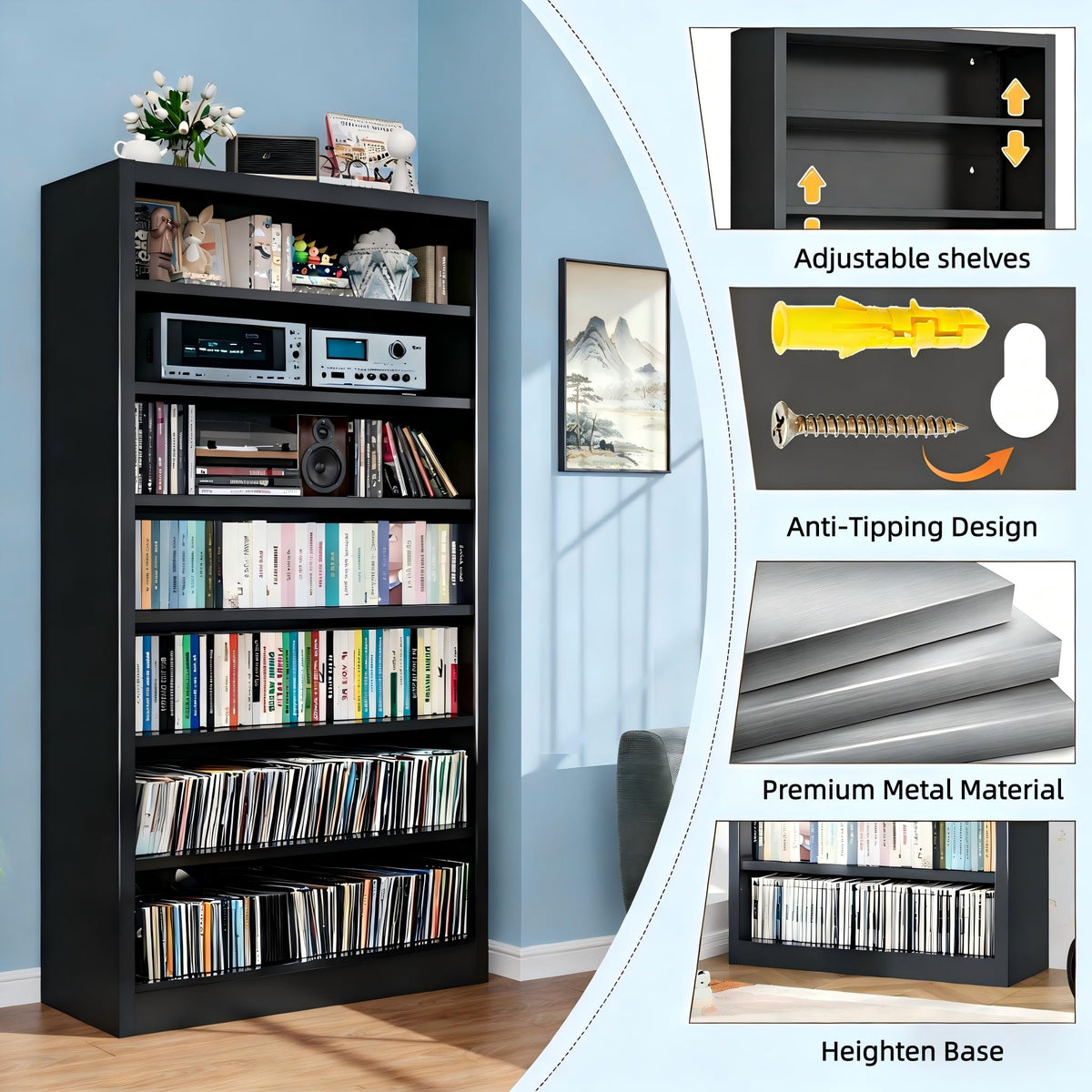 Black 7 Tier Metal Media Storage Cabinet J383302
