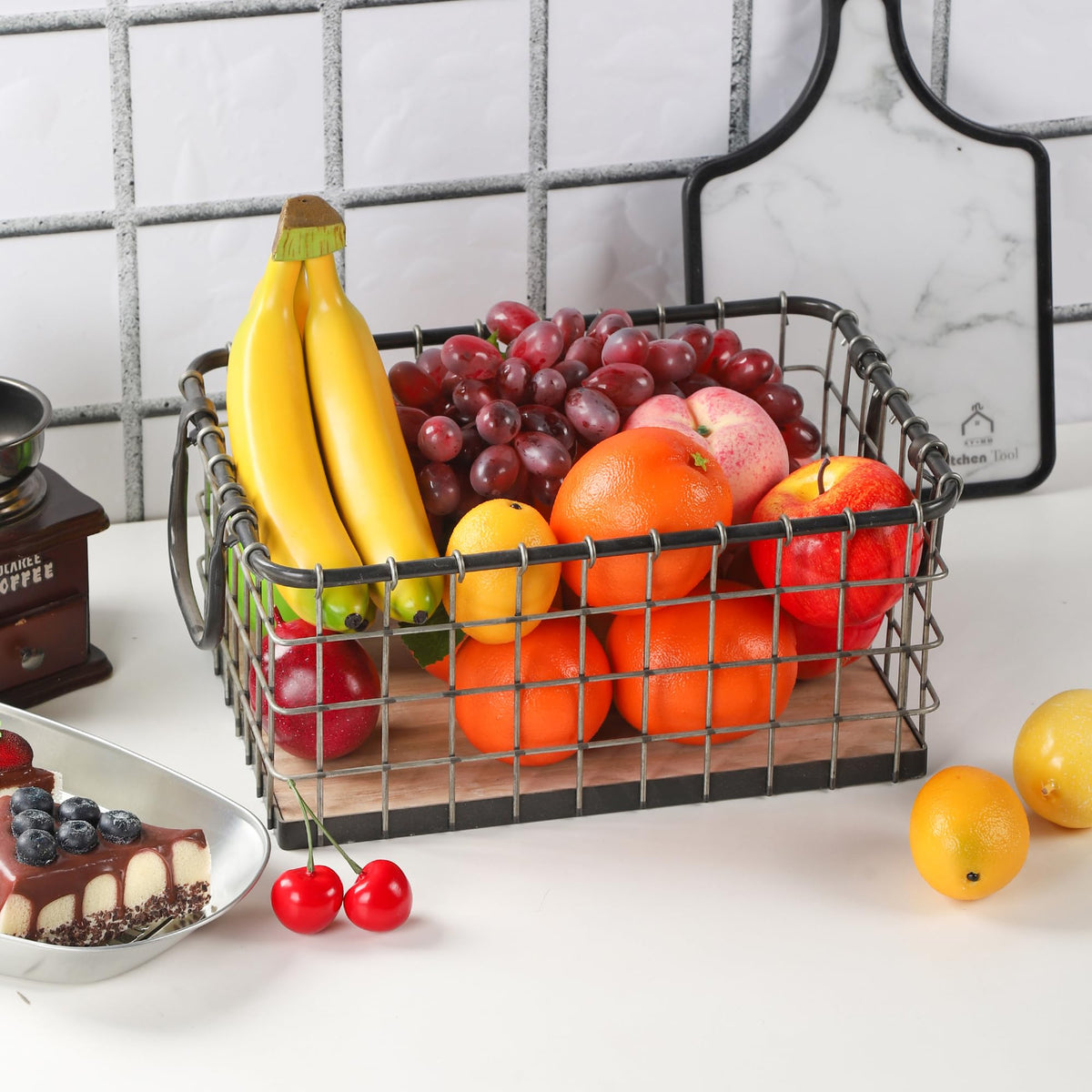 13.8" Wide Rectangular Metal Wire Basket with Wooden Bottom B797199
