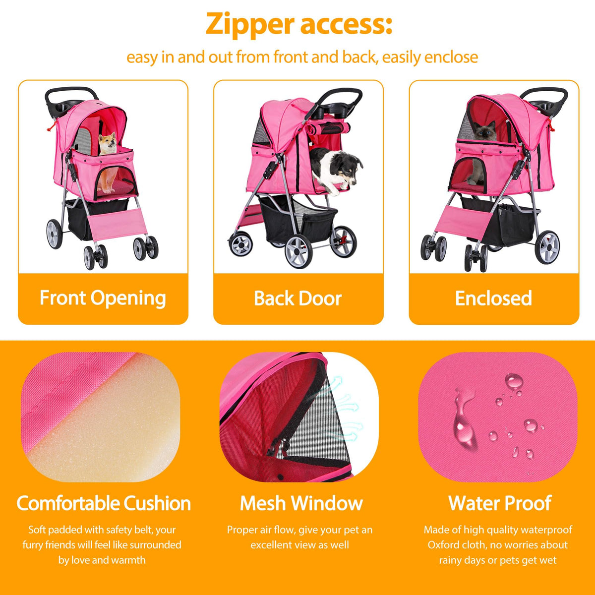 4 Wheels Folding Dog Stroller with Storage Basket, Pink O2115