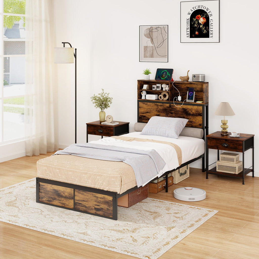 Twin Metal Platform Bed Frame with Storage Headboard Z5089