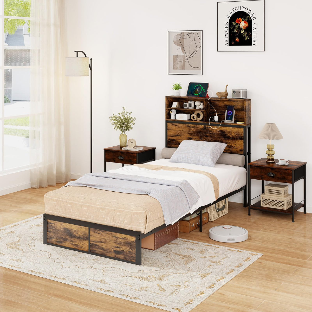 Twin Metal Platform Bed Frame with Storage Headboard Z5089