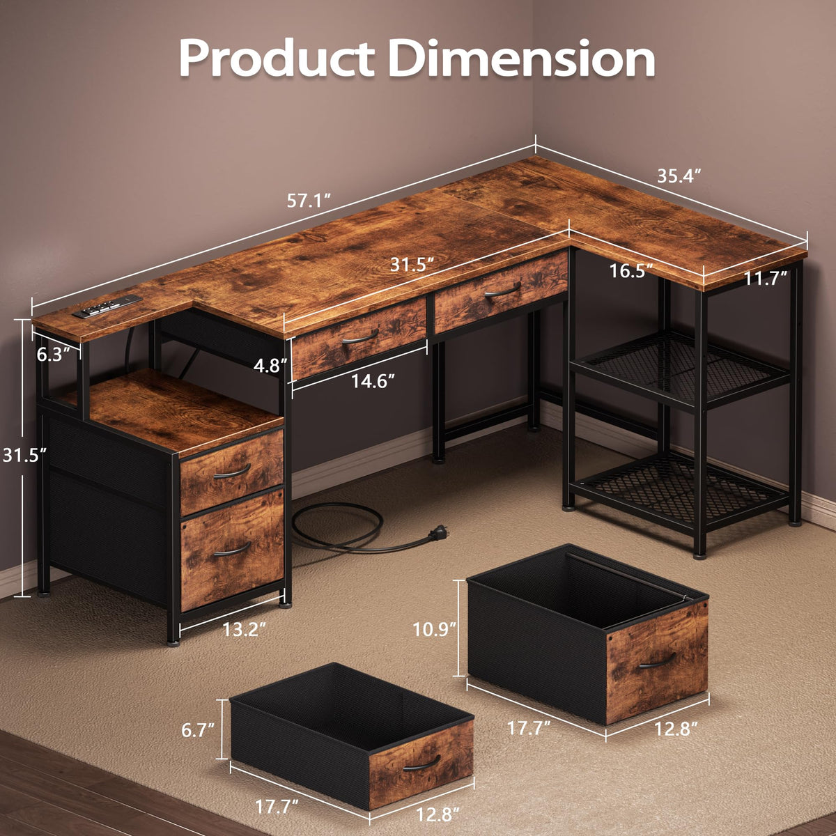 57" L Shaped Computer Desk with Power Outlet J347