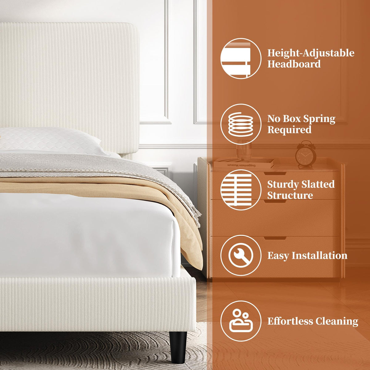 Twin Bed Frame with Adjustable Chenille Upholstered Headboard, Beige G383