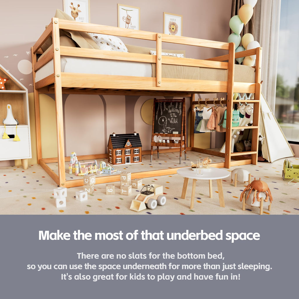 Twin Over Twin Low Bunk Bed with Ladder and Guardrails S55916