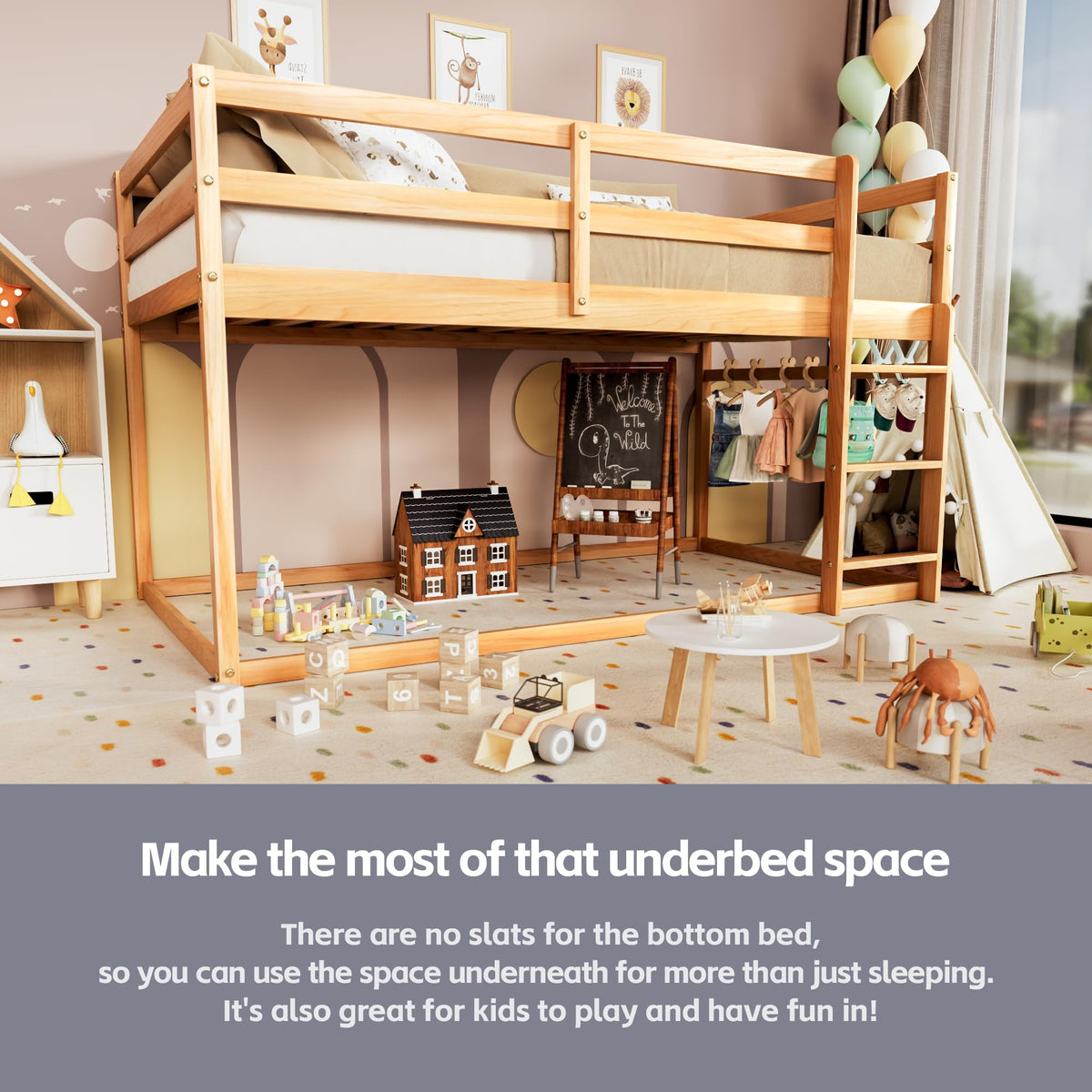 Twin Over Twin Low Bunk Bed with Ladder and Guardrails S55916
