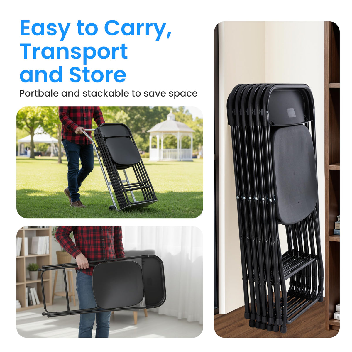 10 Pack Black Plastic Folding Chairs with Metal Frame H47542