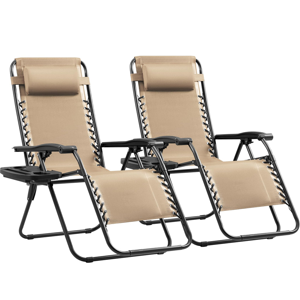 Set of 2 Beige Adjustable Steel Mesh Lounge Chairs with Cup Holder N629