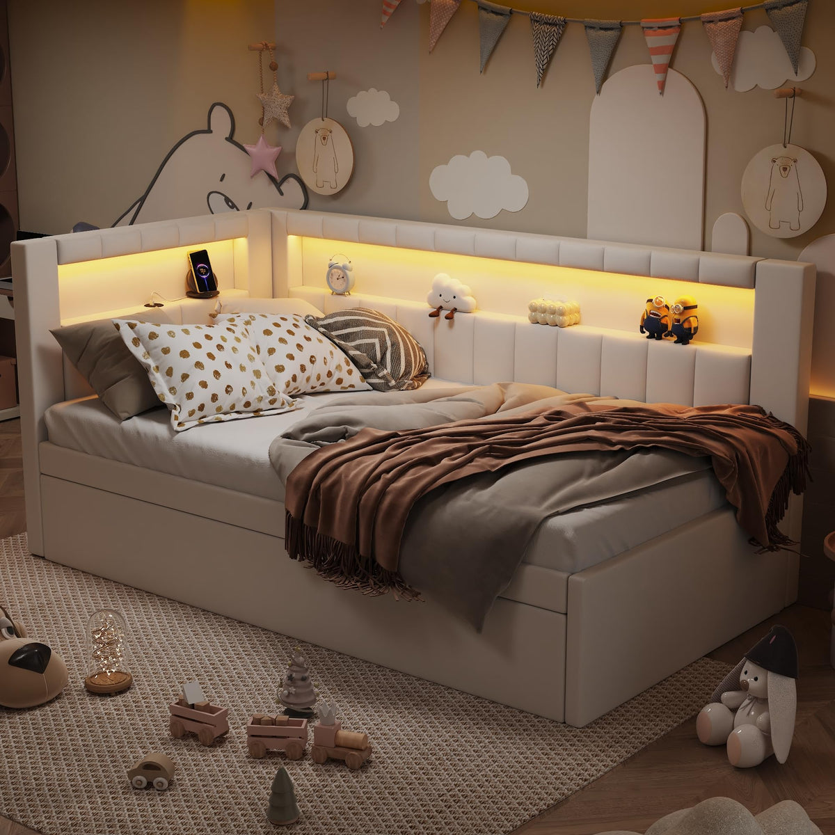 Twin Size Upholstered Daybed with Trundle and USB LED Belt V43915