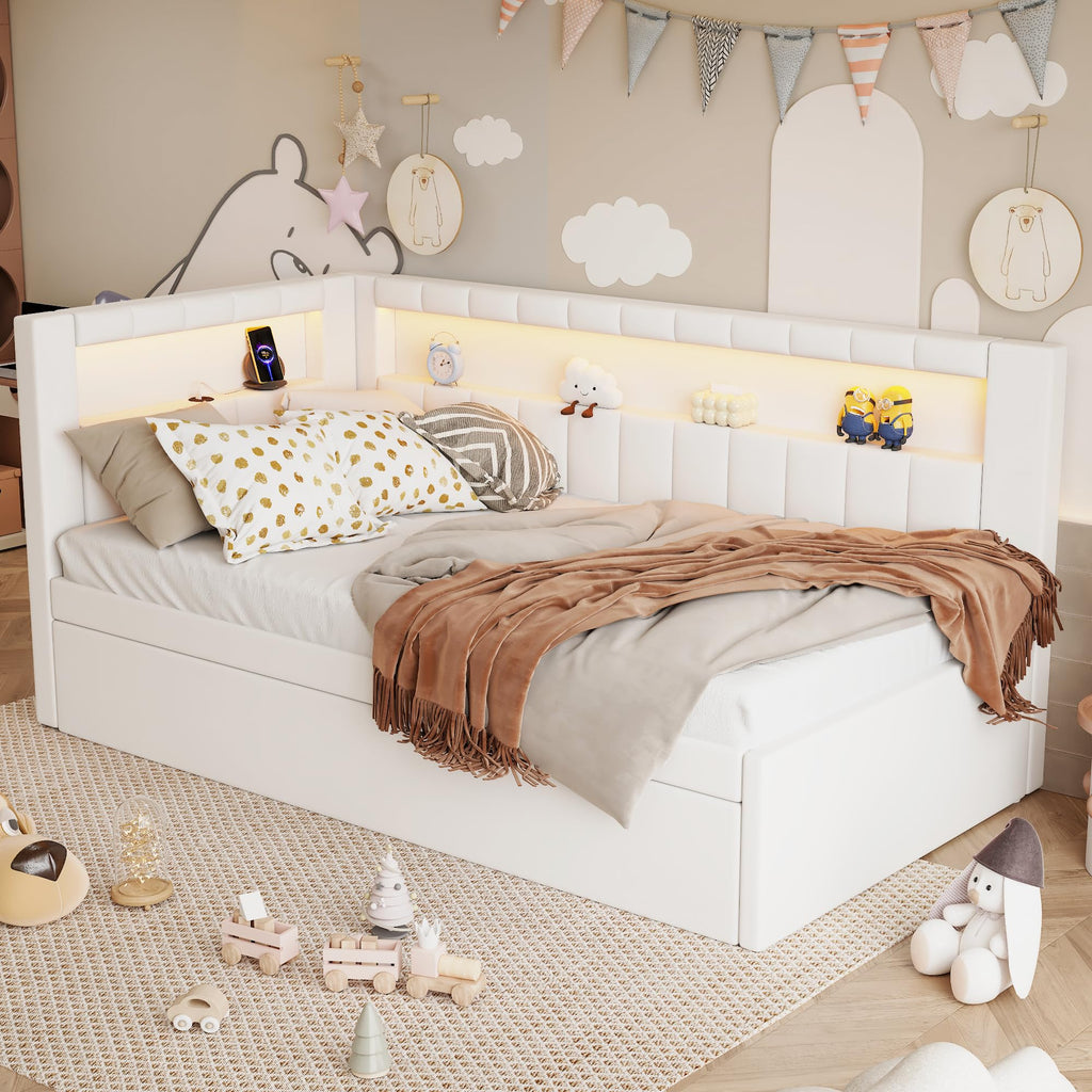 Twin Size Upholstered Daybed with Trundle and USB LED Belt V43915