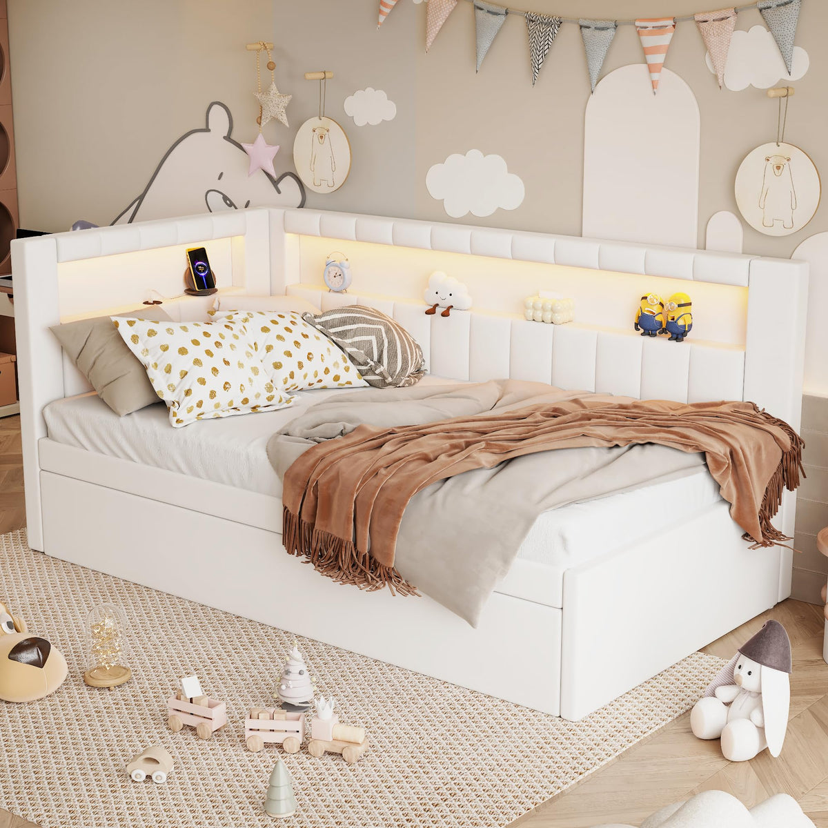 Twin Size Upholstered Daybed with Trundle and USB LED Belt V43915